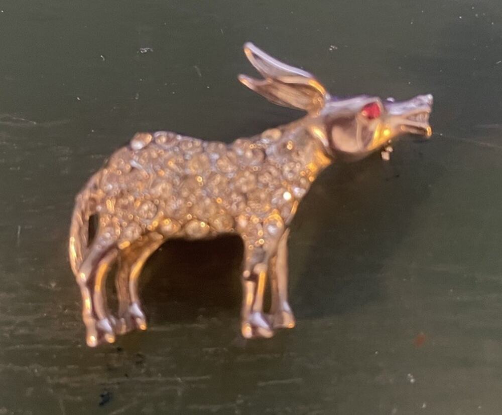 Vintage Rhinestone Donkey Pin Brooch Red Eye Silver Tone 1.25” Animal
